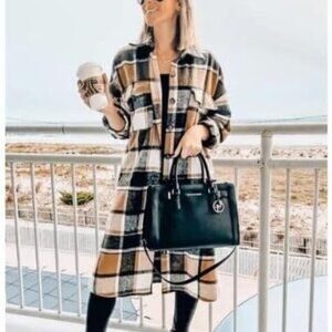 PUWEI Women's Lapel Button Down Long Plaid Shirt Coat Tartan Jacket Medium